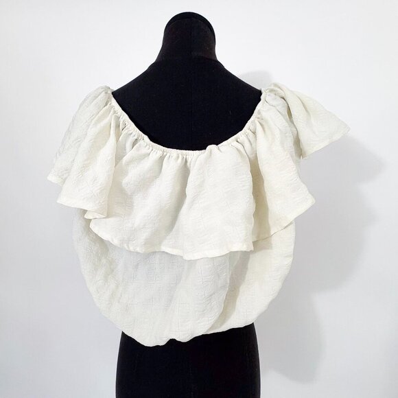 KIMCHI BLUE RUFFLE WHITE OFF THE SHOULDER SHIRT SIZE SMALL - Picture 8 of 11